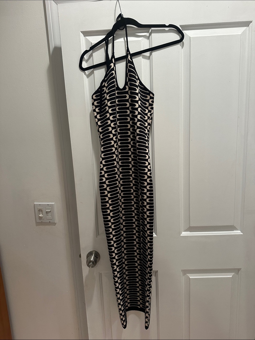 Fashion Nova Black & Cream Geometric Halter Maxi knit Dress